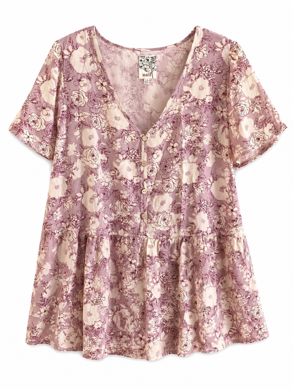 Naïf Pink Floral Peplum Blouse Size 1X Boho Flowy V-Neck Top